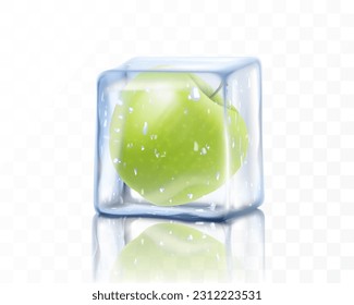 Fresh ripe apple in ice cube isolated on transparent background. Frozen green apple, realistic 3d vector illustration