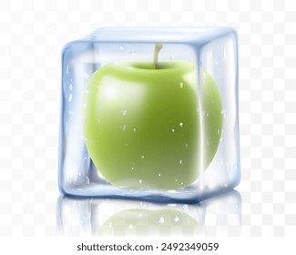 Manzana fresca madura en cubo de hielo aislado sobre fondo transparente. Manzana verde congelada, Ilustración vectorial 3d realista