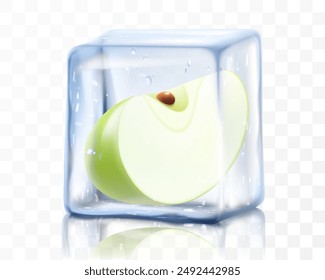 Fresh ripe apple in ice cube isolated on transparent background. Frozen green apple, realistic 3d vector illustration
