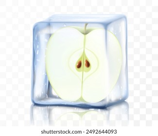 Fresh ripe apple in ice cube isolated on transparent background. Frozen green apple, realistic 3d vector illustration