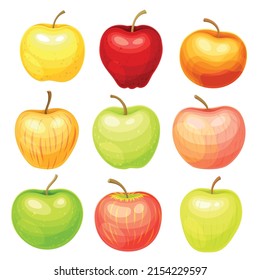 Fresh ripe apples set. Shiny ripe juicy organic fruit, healthy diet concept vector illustration