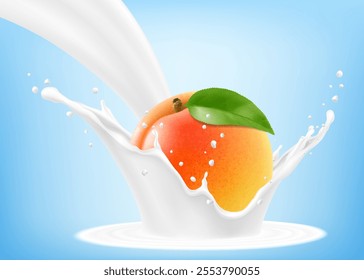 Fresh ripe apricot falls into a splash of yogurt or milk, cocktail splash with drops, Milkshake splash with sweet juicy fruit. Realistic 3d vector illustration