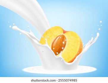 Fresh ripe apricot falls into a splash of yogurt or milk, cocktail splash with drops, Milkshake splash with sweet juicy fruit. Realistic 3d vector illustration