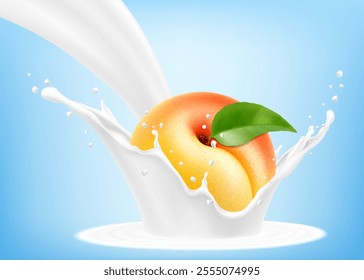 Fresh ripe apricot falls into a splash of yogurt or milk, cocktail splash with drops, Milkshake splash with sweet juicy fruit. Realistic 3d vector illustration