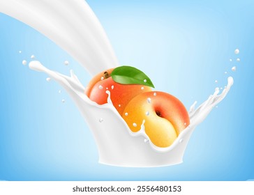 Fresh ripe apricot falls into a splash of yogurt or milk, cocktail splash with drops, Milkshake splash with sweet juicy fruit. Realistic 3d vector illustration