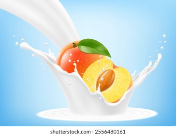 Fresh ripe apricot falls into a splash of yogurt or milk, cocktail splash with drops, Milkshake splash with sweet juicy fruit. Realistic 3d vector illustration