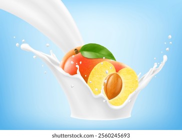 Fresh ripe apricot falls into a splash of yogurt or milk, cocktail splash with drops, Milkshake splash with sweet juicy fruit. Realistic 3d vector illustration