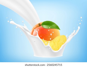 Fresh ripe apricot falls into a splash of yogurt or milk, cocktail splash with drops, Milkshake splash with sweet juicy fruit. Realistic 3d vector illustration