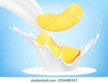 Fresh ripe apricot slices falls into a splash of yogurt or milk, cocktail splash with drops, Milkshake splash with sweet juicy fruit. Realistic 3d vector illustration