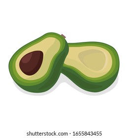 Fresh ripe avocado on a white background. Tasty fruit icon. Green avocado and cut in half. Can be used as emblem, logo, web print, sticker. Vector illustration.