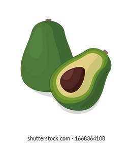 Fresh ripe avocado on a white background. Tasty fruit icon. Green avocado whole and cut half. Can be used as emblem, logo, web print, sticker. Vector illustration.
