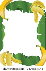Fresh Ripe Banana and Green Banana Leaves Border