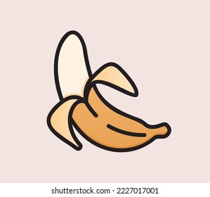 Fresh ripe banana in peel sweet tropical food icon natural exotic banana in yellow skin in doodle style raw vitamin colored flat vector illustration isolated on light pink background