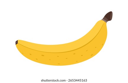 Banana fresca madura. Fruta tropical doce em casca amarela. Vitamina crua. Sobremesa tropical natural em estilo cartoon. Banana inteira exótica madura na pele isolada. Ícone de comida saudável exótico. Ilusão de vetor plano