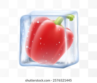 Fresh ripe bell pepper in ice cube isolated on transparent background. Frozen tasty sweet paprika, realistic 3d vector illustration. Bright summer refreshing design