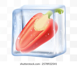 Fresh ripe bell pepper in ice cube isolated on transparent background. Frozen tasty sweet paprika, realistic 3d vector illustration. Bright summer refreshing design