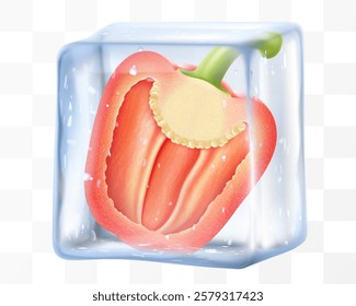 Fresh ripe bell pepper in ice cube isolated on transparent background. Frozen tasty sweet paprika, realistic 3d vector illustration. Bright summer refreshing design