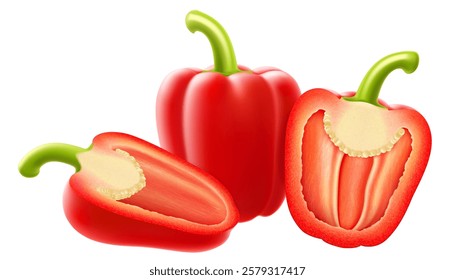 Fresh ripe bell pepper isolated vegetable on white background. Whole, half and slice of red raw pepper. Sweet paprika. Realistic 3d vector illustration.