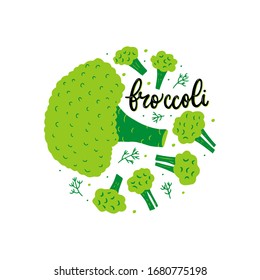 Fresh ripe broccoli vector flat illustration with lettering. Set of sliced vegetables hand drawn in cartoon doodle style, half or whole. Healty detox food