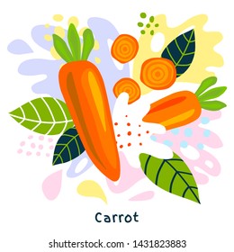 Fresh ripe carrot vegetable juice splash organic food juicy vegetables splatter on abstract background vector hand drawn illustrations