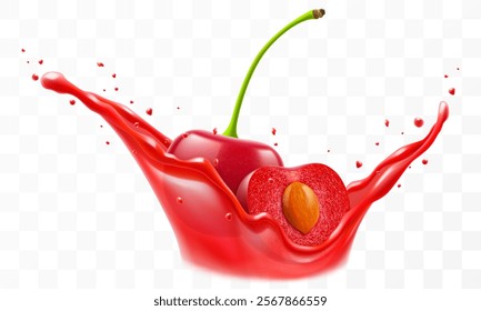 Fresh ripe cherries falls into a splash of juice, isolated on transparent background. Realistic 3d vector illustration. Summer vitamin food and drink. Cherry berry smoothie splash