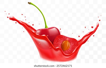 Fresh ripe cherries falls into a splash of juice, isolated on transparent background. Realistic 3d vector illustration. Summer vitamin food and drink. Cherry berry smoothie splash