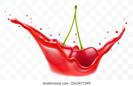 Fresh ripe cherry falls into a splash of juice, isolated on transparent background. Realistic 3d vector illustration. Summer vitamin food and drink. Cherry berry smoothie splash