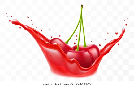 Fresh ripe cherry falls into a splash of juice, isolated on transparent background. Realistic 3d vector illustration. Summer vitamin food and drink. Cherry berry smoothie splash