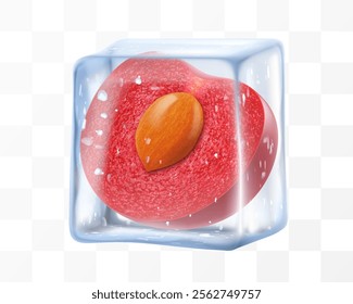 Fresh ripe cherry in ice cube isolated on transparent background. Frozen tasty juicy cherry, realistic 3d vector illustration. Bright summer refreshing design