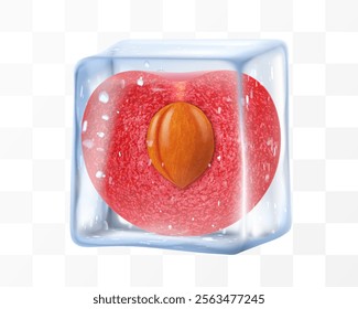 Fresh ripe cherry in ice cube isolated on transparent background. Frozen tasty juicy cherry, realistic 3d vector illustration. Bright summer refreshing design