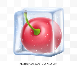 Fresh ripe cherry in ice cube isolated on transparent background. Frozen tasty juicy cherry, realistic 3d vector illustration. Bright summer refreshing design