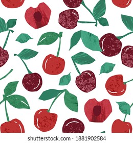 Fresh ripe cherry with stems and leaves hand drawn seamless pattern. Red edible sweet berries vector flat textured illustration. Endless background with wild juicy fruit