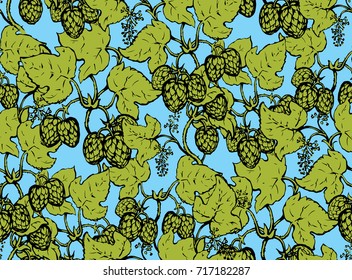 Fresh ripe curl lush lupulus cluster group on white backdrop. Freehand line black ink hand drawn design sketchy in art retro doodle cartoon graphic style pen on paper. Closeup view of weave surface