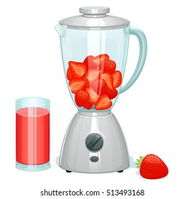 fresh ripe cut strawberry in a glass bowl of the blender, lies one whole berry of strawberry nearby and there is a glass with strawberry cocktail
