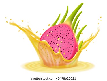 Fresh ripe dragon fruit falls into splash of juice. Pitaya smoothie splash and drops, Refreshing splash of vitamin cocktail with pitahaya, isolated realistic 3d vector illustration