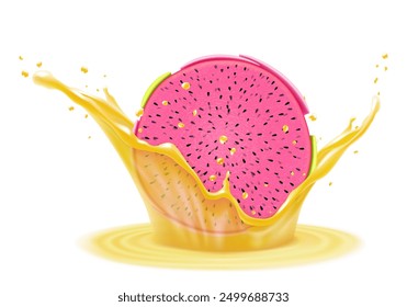 Fresh ripe dragon fruit falls into splash of juice. Pitaya smoothie splash and drops, Refreshing splash of vitamin cocktail with pitahaya, isolated realistic 3d vector illustration
