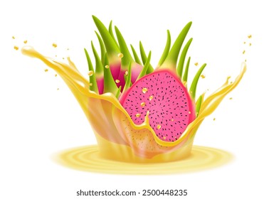 Fresh ripe dragon fruit falls into splash of juice. Pitaya smoothie splash and drops, Refreshing splash of vitamin cocktail with pitahaya, isolated realistic 3d vector illustration