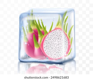 Fresh ripe dragon fruit in ice cube isolated on transparent background Frozen tropical pitaya or pitahaya fruit. Realistic 3d vector illustration. Bright exotic summer design