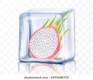 Fresh ripe dragon fruit in ice cube isolated on transparent background Frozen tropical pitaya or pitahaya fruit. Realistic 3d vector illustration. Bright exotic summer design