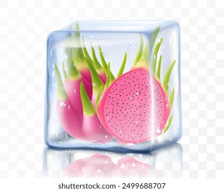 Fresh ripe dragon fruit in ice cube isolated on transparent background Frozen tropical pitaya or pitahaya fruit. Realistic 3d vector illustration. Bright exotic summer design