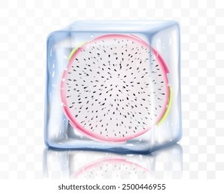 Fresh ripe dragon fruit in ice cube isolated on transparent background Frozen tropical pitaya or pitahaya fruit. Realistic 3d vector illustration. Bright exotic summer design