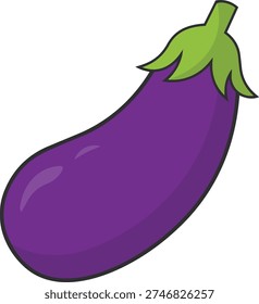 Fresh ripe eggplant graphical element in a cartoon style with distinct black outlines and light purple highlights. This is a solitary object suitable for food, produce, or cooking categories.