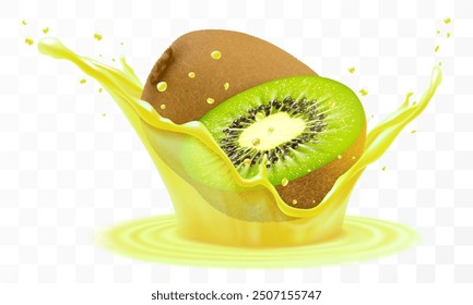 El kiwi exótico maduro fresco cae en un chapoteo del jugo, aislado. en el fondo blanco. Ilustración vectorial 3D realista. Comida o bebida de vitaminas tropicales de verano. Salpicadura de batido de kiwi, cóctel de vitaminas