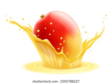 Fresh ripe exotic mango falls into a splash of juice, isolated .on white background. Realistic 3d vector illustration. Summer tropical vitamin food or drink. Mango smoothie splash, vitamin cocktail