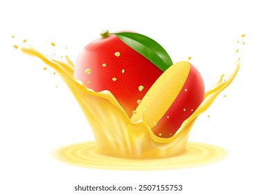 Fresh ripe exotic mango falls into a splash of juice, isolated .on white background. Realistic 3d vector illustration. Summer tropical vitamin food or drink. Mango smoothie splash, vitamin cocktail