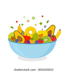 Fresh ripe fruit salad Bananas, pineapple, apple, plum, pear, strawberry. The concept of proper nutrition, diet, vegan menu. flat vector illustration isolated on white background