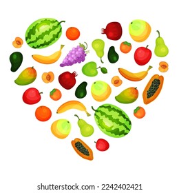 Fresh ripe fruits of heart shape. Watermelon, banana, mango, peach, garnet organic fruit poster, card, banner cartoon vector