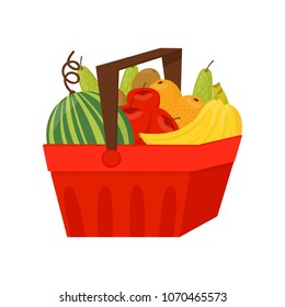 Fresh ripe fruits in red plastic basket, healthy lifestyle and diet concept vector Illustration on a white background