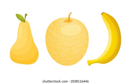 Fresh ripe fruits set. Pear, apple, banana organic vegetarian food cartoon vector illustration