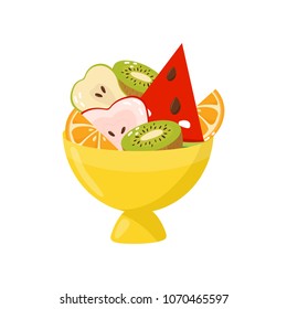 Fresh ripe fruits in yellow vase, healthy lifestyle and diet concept vector Illustration on a white background